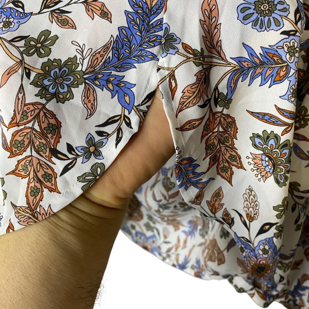 LOFT Womens XL Floral Paisley Pintuck Ruffle Neck Keyhole Back Blouse White Blue - Picture 6 of 12